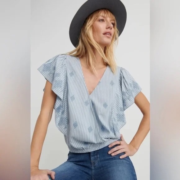 LUCKY BRAND - Cross Over Flutter Sleeve Top - Blue in Small - Picture 1 of 6
